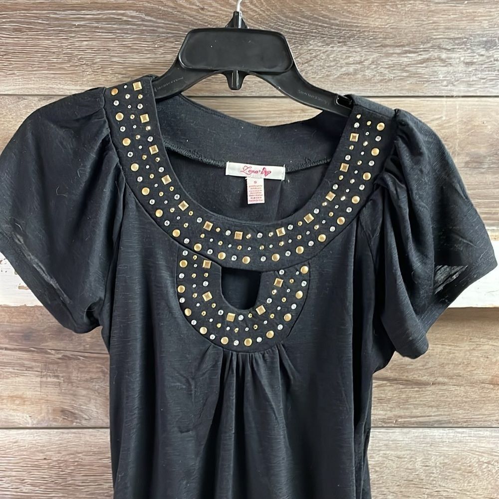 Lena Ladies Embellished Stud Embellished Neckline Top Size Small Black - Picture 2 of 5